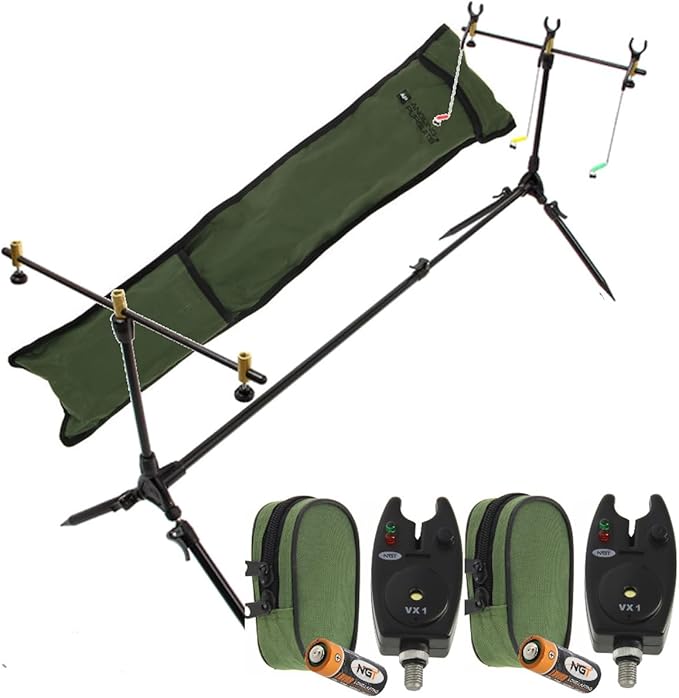 NGT Carp Fishing Rod Pod 2x Black Bite Alarms With Volume Contro
