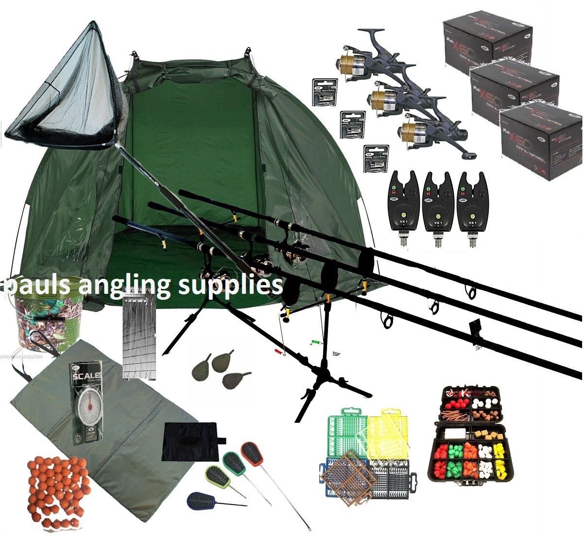 3 Rod Carp Set Up Kit Fishing Rods Reels Alarms Bait Tackle Mat